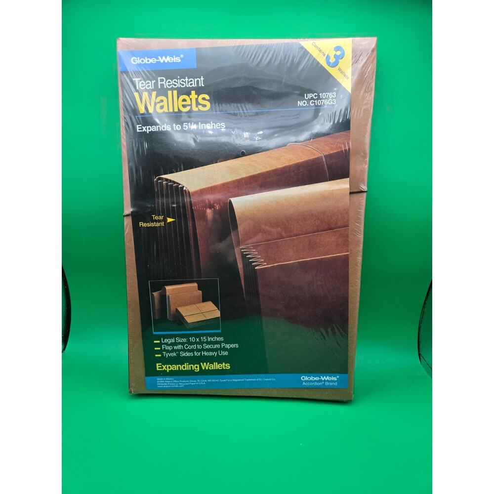 Globe-Weis Tear Resistant Legal Size Accordion Wallets 3 Pack. FACTORY SEALED